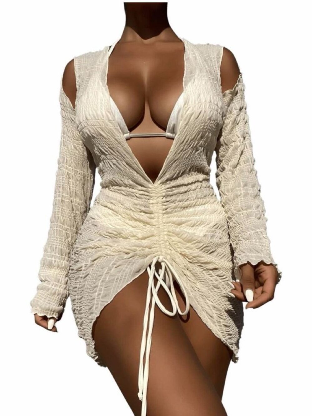 Cream mini dress with ruched texture and tie detail